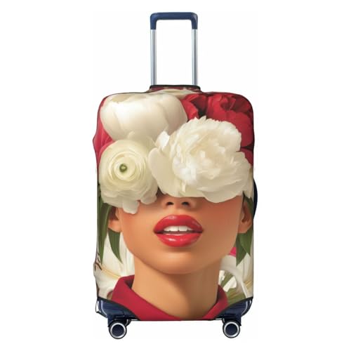 Red Lips Woman Peonies Lilies Flowers Elastic Travel Luggage Covers Dustproof Scratch-Resistant Suitcase Protector Fit 22-24 Inch