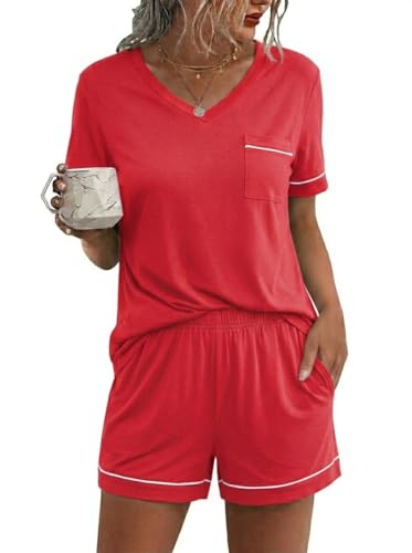 Image of Ekouaer Pajamas for Women Set Short Sleeve Loungewear Soft Pjs Shorts Set | V Neck Sleepwear with Pocket,Comfy Lounge Sets,Comfortable Fit,lightweight,Maternity,Gift,Sleeping & Bedtime,Lounging at Home