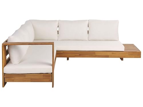 Beliani Salon de Jardin en Bois d'Acacia Certifié Canapé Modulable avec Coussin Blanc Marettimo