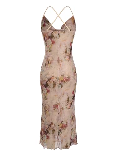 Image of SOLY HUX Women's Floral Mesh Bodycon Cami Dress Cowl Neck Sleeveless Cocktail Party Wedding Guest Long Maxi Dresses