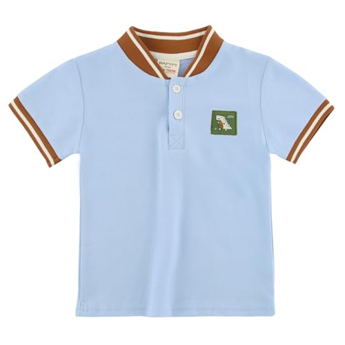 Boys Henley Collar Polo Shirt with Patchwork Style, Short Sleeve Uniform Shirts for Boys