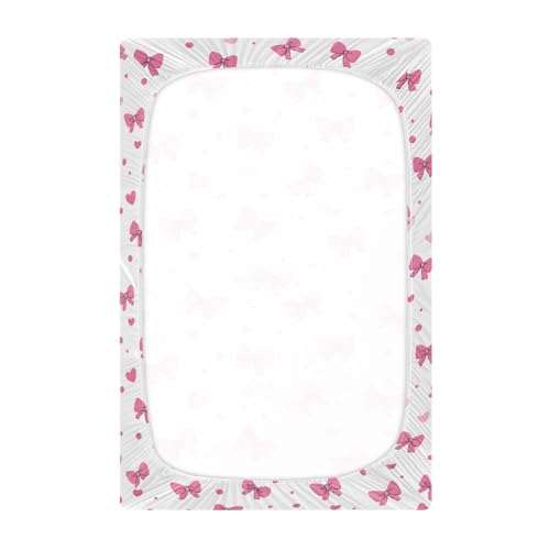 Image of Pink Bows Hearts Pattern Crib Sheets Stretchy Portable Sheets for Baby Toddler Breathable Soft Crib Mattress Sheet for Girls Boys