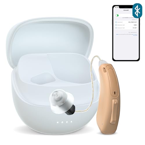 RIC Single Hearing Aid for Seniors ,CUSTOM FIT Digital Over-The-Counter Rechargeable Tinnitus Masking Premium Hearing Aid Solution for Adults,Nearly Invisible Bluetooth Call Enabled,Auto-On, 1pc Right Side