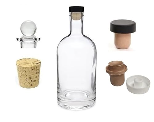 Nakpunar 12 oz (375 ml) Nordic Glass Liquor Bottle, Heavy Bottom Decanter, with T-Top Synthetic Cork, Glass Stopper, Regular Cork, and White Pourer – Bar Top Closure for Whiskey, Bourbon – Made in USA