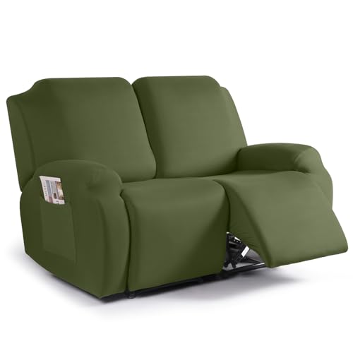 Image of TAOCOCO Recliner Loveseat Slipcover, 2 Pieces Polyester Fabric Stretch Sofa Covers for 2 Seat Reclining Couch, Soft Washable Furniture Protector with Pockets (2 Seat, Olive Green)