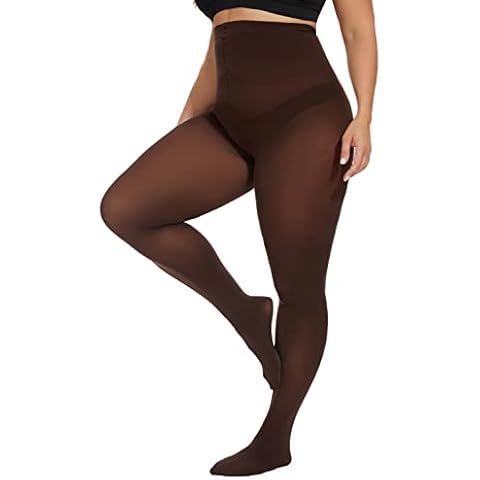 CozyWow Plus Size Tights for Women 80D Soft Solid Color Semi Opaque Pantyhose High Waist 1X 2X 3X 4X Brown-XL Cover