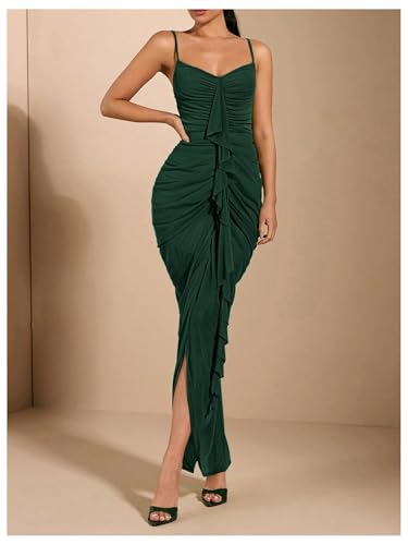 Image of Floerns Women's Ruffle Ruched Cami Dress Draped Split Elegant Bodycon Maxi Dresses