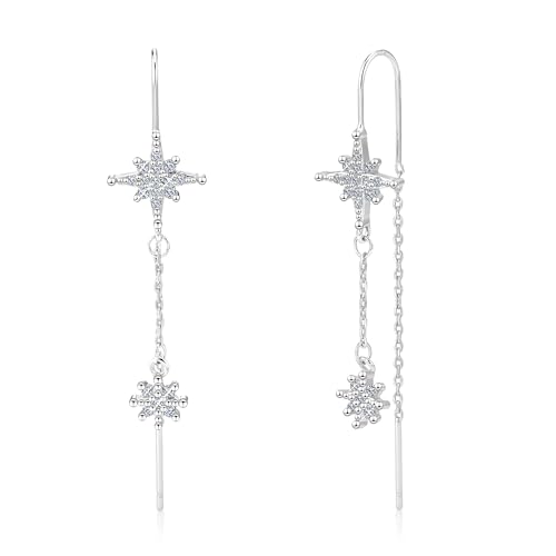 ASH'S CHOICE Boucles d'Oreille Femme Argent, Boucle d'Oreille Pendante Fines avec Zircon, Étoile à Huit Branches, Chaîne Longues, Post en Argent 925,...
