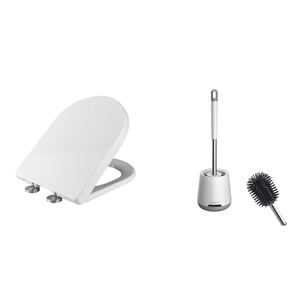 Lunette WC forme D avec frein de chute et brosse WC silicone antibactérienne