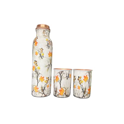 Image of Copper Water Bottle 1 Ltr | Copper Water Bottle with Glass Set | Meena Work | 100% Pure | Leak-Proof | 2 Water Glass 300ml each | Best for Gifting ((Meena Worked - Leaf Design - 1))