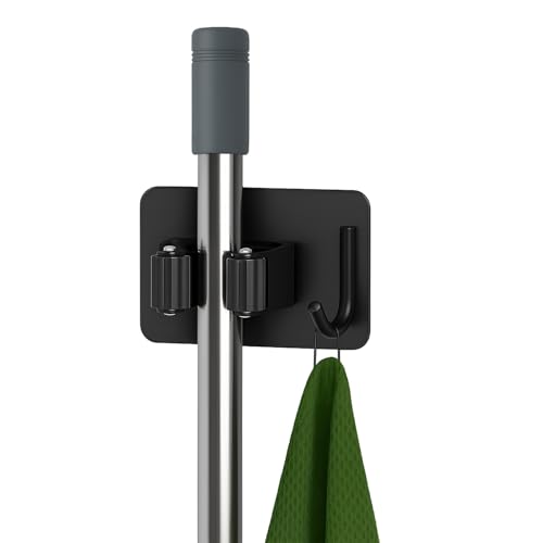Image of DALUCI Adhesive Broom Holder Wall Mounted - Stainless Steel Mop Holder for Wall Without Drilling | Waterproof & Rustproof Broom Stick Holder Hook for Home, Bathroom & Kitchen (Black, 1 Pcs)