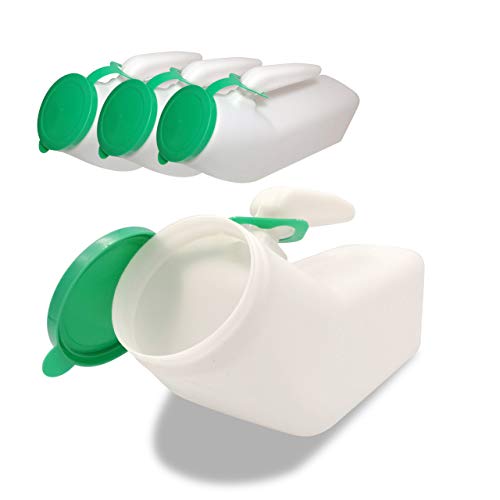 JJ CARE Urinals for Men - Pack of 4-1000ml Plastic Urine Bottles for Men, Spill Proof, Portable Male Urinal Bottle for Car, Elderly & Incontinence - Travel Urinals for Men with Green lid