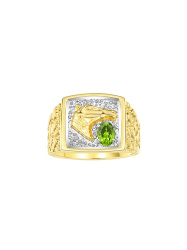 Image of Rylos Men's Yellow Gold-Plated Sterling Silver Lucky Nugget Horse Head Ring with 6X4MM Gemstone and Diamonds - Birthstone Elegance for Men, Sizes 8-13 Available