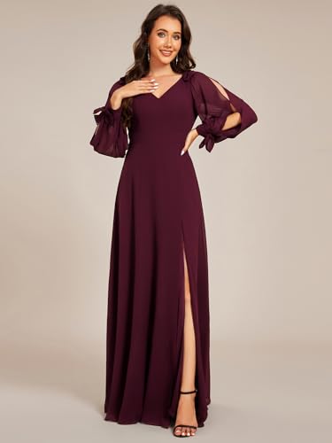 Image of Ever-Pretty Women's Fall Winter Formal Wedding Guest Dress Long Sleeve V Neck Chiffon Floor Length Bridesmaid Dresses 80116