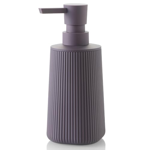 Image of Small Soap Dispenser for Bathroom and Kitchen, Modern Farmhouse Striped Style Plastic Hand Soap Dish Soap Dispenser with Pump Matte Purple