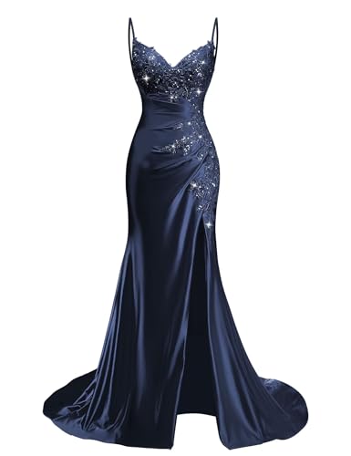 V Neck Satin Navy Blue Prom Dress Lace Appliques Mermaid Long Prom Dresses with Slit Spaghetti Strap...