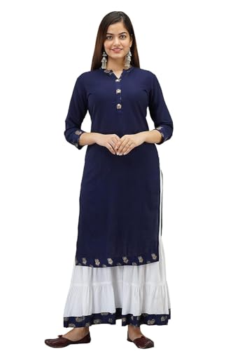 Image of Women Rayon Straight Golden Foil Printed Kurta with Palazzo || Kurti with Palazzo Set for Casual Party & Festival Wear in Round Neck with 3 /4 Sleeve for Girls