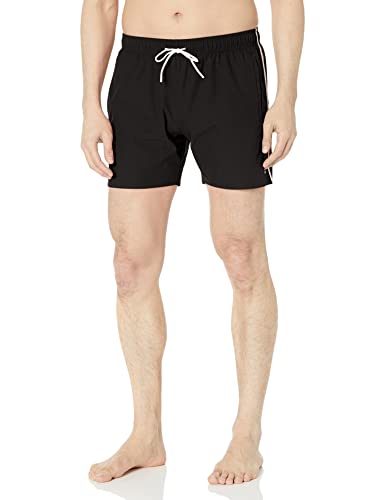 BOSS Men's Solid Swim Trunk with Iconic Side Stripe, Dark Black, Large