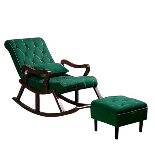 Image of Wood Modern Ergonomic Rocking Chair Including with Cushain Footrest for Relaxing | Rolling Chair for Living Room (Dark Green)