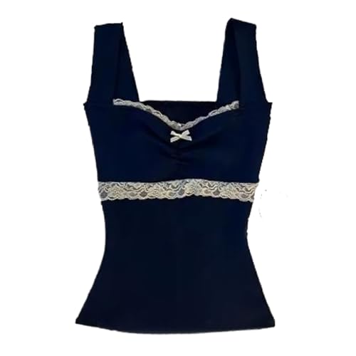 Coquette Cute Cami Tops Y2k Tank Top Spaghetti Strap Lace Bow Tops Women Cami Crop Top Summer 2025 Trendy (B Navy,M,Medium)