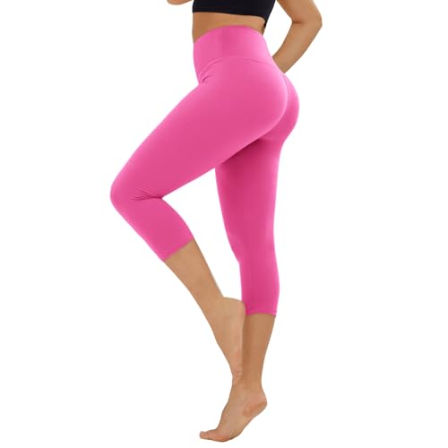 High Waisted Leggings for Women - No See Through Tummy Control Cycling Workout Yoga Pants with Pockets Reg & Plus Capri Large-X-Large A-pink