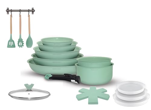 Arthur Martin, AMV18, batería de cocina de aluminio de 18 piezas con revestimiento grip, tapas de vidrio y utensilios de madera, compatible con todas las fuentes de calor, tamaño 20-22-26 cm, Verde