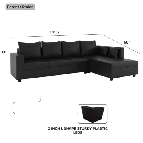 Image of FURNY Harloy 5 Seater RHS L Shape Leatherette Sofa Set (Black) in Premium Finish | Durable Comfort | Ideal for Living Room