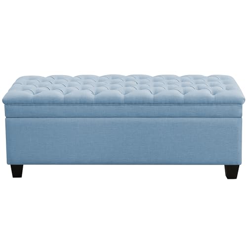 Image of WUTUTUEE 50 inch Fabric Storage Ottoman Bench, Upholstered Rectangle End of Bed Storage Ottoman Tufted Living Room Bedroom Bench with Safety Hinge, Solid Wood Legs, Loads 500 lb(Light Blue)