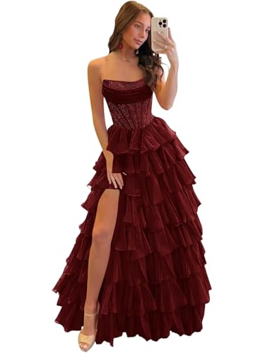 Eightale Burgundy Tiered Prom Dresses Long Sparkly Sequin Corset Teen Slit Strapless A-Line Slit...
