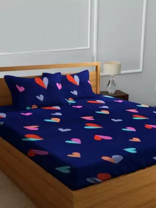 Image of DECORUM 3 D Polycotton Queen Size Bedsheet 90 X 90 Inch with 2 Pillow Cover (Blue Heart)