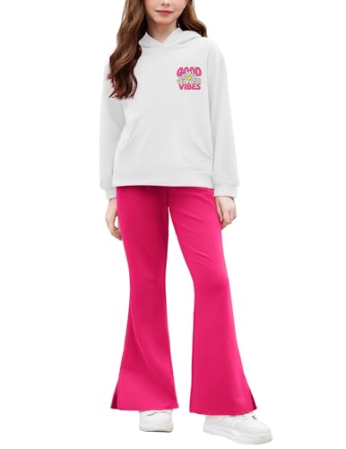 Image of Arshiner Girls 2 Piece Outfits Sweatsuits Sets Kangaroo Pocket Long Sleeve Hooded Sweatshirt with Flare Sweatpants Sets