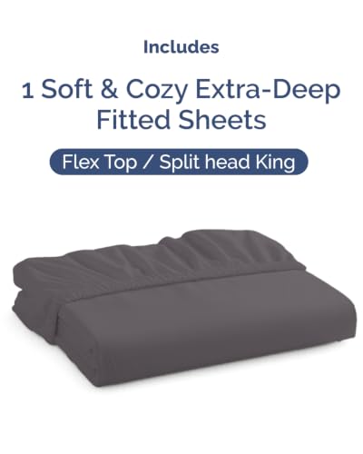 Image of Extra Deep Flex Top Split Head King Fitted Sheet - Hotel Luxury Single Fitted Sheet Only - Easily Fits 18 inch to 24 inch Mattress - Ultra Soft, Wrinkle Free w /Extra Deep Pockets - Dark Grey