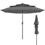 KOMFOTTEU Gartenschirm mit 32 LED-Lichtern, Solarkollektoren und Kurbel, Sonnenschirm für die Terrasse, 313 cm, neigbar mit 8 Knochen, für Balkon, Strand, Pool, Sockel nicht im Lieferumfang enthalten