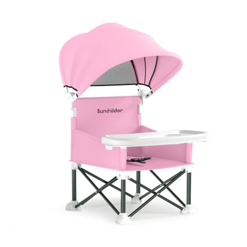 Sunchildor Portable Baby Booster Seat with Removable Tray & Canopy - 3 Point Safety Harness, Compact Fold for Travel, Indoor Outdoor Use for Infants & Toddlers, Pink