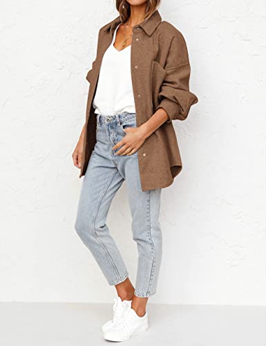 Merokeety Women's Oversized Long Sleeve Shacket Jacket Button Down Wool Blend Coats With Pockets, Brown, S #TOP1