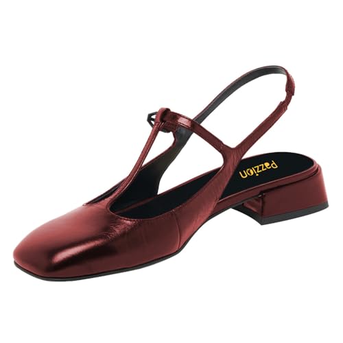 Pazzion Women Stylish Low Chunky Heel Slingback Pumps T-Strap Buckle Closed Square Toe Shoes Dating Dance Prom Size 4-16 US