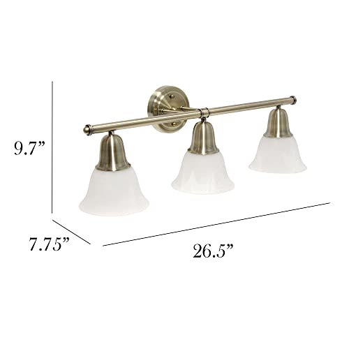 Image of Simple Designs VT1027-ABS 26.5 inch Classic 3 Light Straight Metal Bar & Frosted Marble White Bell Shape Glass Shades Decorative Wall Mounted Vanity Fixture for Bathroom, Entryway, Hallway, Antique Brass