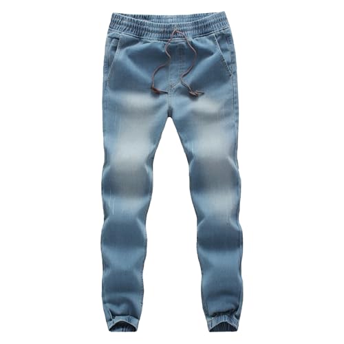 Drop Crotch Jogger Denim Pants Men Stretch Skinny Jeans Casual Tapered Streetwear Drawstring Waist Trousers