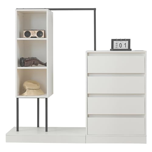 fullarrive Armario con 4 cajones y barra para colgar ropa, armario de almacenamiento, color blanco, 140 x 40 x 135 cm, para pasillo o dormitorio