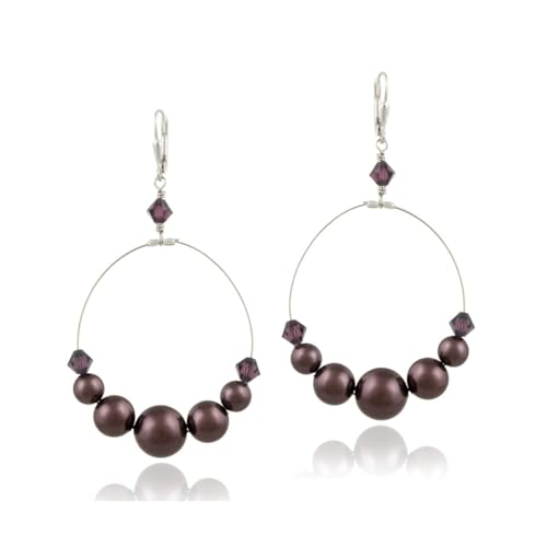 925 Silver Burgundy Crystal and Pearl Dangle Wire Earrings Trendy