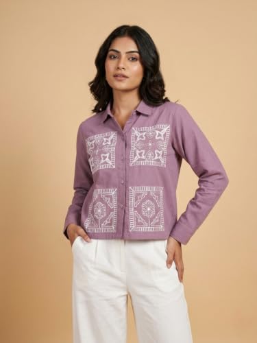 Image of Stylish Women's Embroidered Shirts | Geometric Pattern Half Sleeve Collared Button-Up Casual Shirt for Women