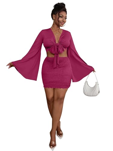 Image of LYANER Women 2 Piece Vacation Outfits Tie Knot Front Bell Long Sleeve Crop Top and Mini Skirt Summer Set