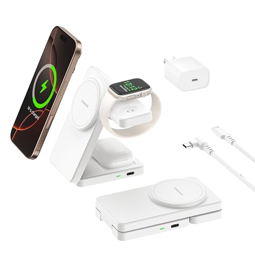 3 in 1 Charging Station for iPhone 16/15/14/13/12 Series, Wireless Charger for Apple Watch?Travel Magnetic Charging Stand for AirPods (White)