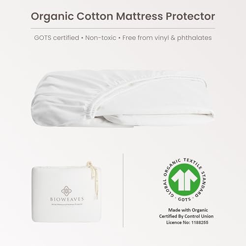 Image of Bioweaves Organic Cotton Jersey Twin Waterproof Mattress Protector Pad |39 inch x 75 inch| GOTS Certified Fitted Mattress Cover with Cotton Skirt, Breathable & Noiseless Top Layer, 17 Inch Deep Pocket, White