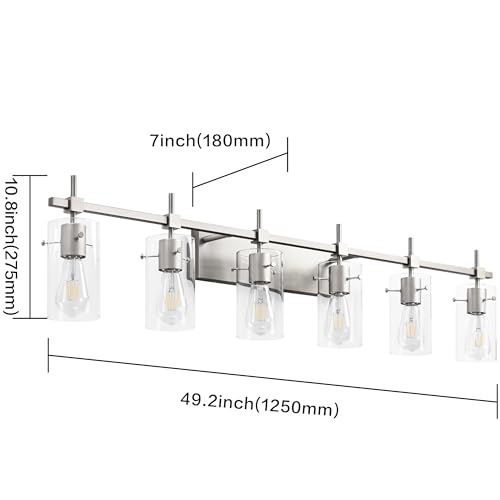 Image of SOLFART 49.2 inch 6 Lights Vanity Light fixtures for Bathroom Vintage Bathroom Light Fixture Brushed Nickel Light Fixtures Above Mirror with Glass Shade (Exclude Bulb)