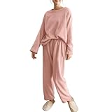 Hveuluop Gieen Conjunto de Pijama de Mujer de Canalé – Camiseta de Manga Larga con Cuello Redondo y Pantalón de Felpa Coral, Corte Cómodo, en Terciopelo Coral, Talla Única.