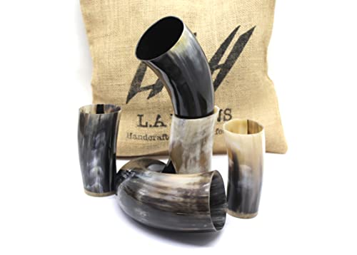 L.A Horns (Combo Set of 5) which includes Set of 2 Viking Drinking Horns (18oz) & 2 Drinking Horn Mead Glasses (5-7oz) + 1 Corkscrew (Bottle Opener) - 100 % Authentic Viking Drinking Horns