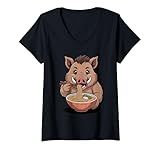 donna carino cinghiale mangiare ramen giapponese kawaii animal noodles maglietta con collo a v