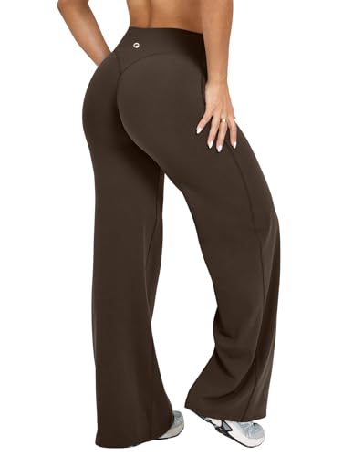 OQQ Yoga Pants Women High Waist Stretch Casual Soft Straight Leg Bottoms Darkbrown