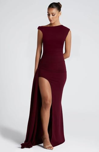 Image of Memoriesea Women's Elegant Off Shoulder Ruched High Split Wedding Party Maxi Dress Burgundy